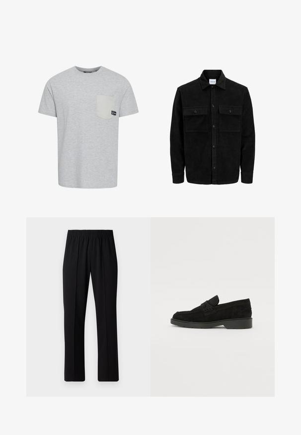 Sort fløjl button-up jakke med to frontlommer og klassisk krave, lange ærmer og ribbet tekstur.; Grå t-shirt med korte ærmer lavet af blødt stof, med en kontrasterende lys grå lomme og et lille logo mærke nær lommen.; Sorte bukser med elastisk talje og lige ben, der har en glat tekstur og ingen synlige mønstre eller hardware.; Sorte ruskinds loafers med en lav hæl, der har et enkelt bånd over det øverste og teksturerede detaljer langs siderne.