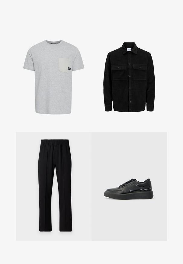 Schwarze Corduroy-Button-Up-Jacke mit zwei frontalem Klappentaschen und klassischem Kragen, langen Ärmeln und gerippter Textur.; Graues Kurzarm-T-Shirt aus weichem Stoff, mit einer kontrastierenden hellgrauen Tasche und einem kleinen Logo-Tag in der Nähe der Tasche.; Schwarze, Gummibund-Hosen mit geradem Schnitt, die eine glatte Textur aufweisen und keine sichtbaren Muster oder Beschläge haben.; Schwarze LederSneaker mit glatter Oberfläche, runder Zehenform und kontrastierender schwarzer Gummisohle. Mit flachen Schnürsenkeln und Branding an der Seite.