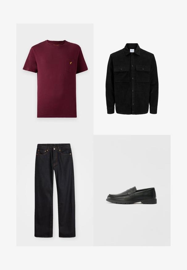 Jachetă din catifea neagră, cu butoni, două buzunare frontale cu clapetă și un guler clasic, mâneci lungi și textură ribbed.; Tricou din bumbac burgund cu mâneci scurte, guler rotund, buzunar frontal și un mic logo galben brodat pe buzunar.; Jeans negri din denim pentru bărbați, cu croială dreaptă, cinci buzunare și cusături portocalii, închidere cu nasture și fermoar pe talie.; Labeled cu oglindă din piele neagră cu un finisaj neted, partea superioară în stil mocasin, detalii cusute și o talpă din cauciuc. Design clasic cu un toc jos.