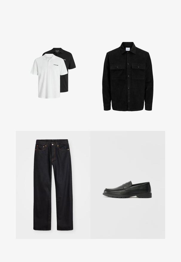 Giacca in corduroy nera con bottoni, due tasche anteriori con patta, colletto classico, maniche lunghe e texture a coste.; Due polo shirt a maniche corte, uno nero e uno bianco, realizzati in cotone con una finitura testurizzata sottile; presentano un colletto e un dettaglio con logo.; Jeans neri in denim dritto da uomo con cinque tasche e cuciture arancioni, chiusura con bottone e zip sulla vita anteriore.; Mocassini neri in pelle con una finitura liscia, parte superiore in stile mocassino, dettagli cuciti e suola in gomma. Design classico con tacco basso.