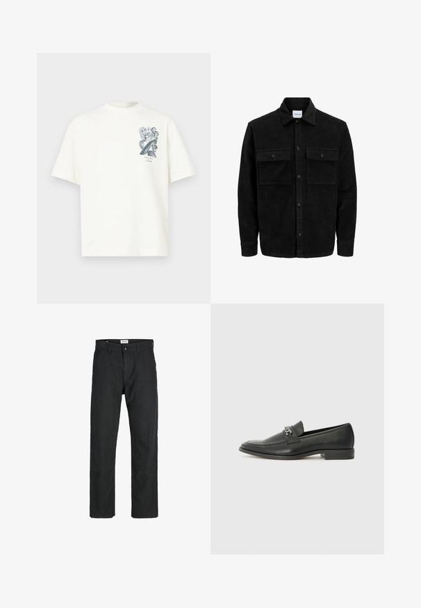 Černá kordurová košile s knoflíky, dvěma předními klopovými kapsami a klasickým límcem, dlouhými rukávy a vroubkovanou texturou.; Bílý bavlněný tričko s krátkými rukávy, kulatým výstřihem a šedým uměleckým grafickým designem na levé straně hrudi s abstraktními tvary.; Černé kalhoty vyrobené z odolné tkaniny, s rovnými nohavicemi, šitými akcenty a dvěma předními kapsami pro praktičnost.; Černé kožené mokasíny s hladkým povrchem, s prošívaným designem a dekoračním kovovým řetízkem přes nárt. Plochý podpatek.