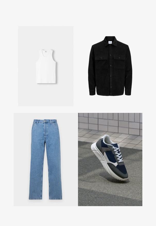 Černá kordurová košile s knoflíky, dvěma předními klopovými kapsami a klasickým límcem, dlouhými rukávy a vroubkovanou texturou.; Bílý bavlněný top na ramínka s kulatým výstřihem, širokými ramínky a rovním lemem, s hladkou texturou a bez viditelných vzorů.; Světle modré džíny rovného střihu s klasickým designem pěti kapes, s předním knoflíkovým zapínáním a poutky na opasek. Hladká textura.; Tenisky s horní částí z námornicky modré síťoviny, šedými semišovými akcenty, bílou gumovou podrážkou a plochými bílými tkaničkami, navržené pro pohodlí a prodyšnost.