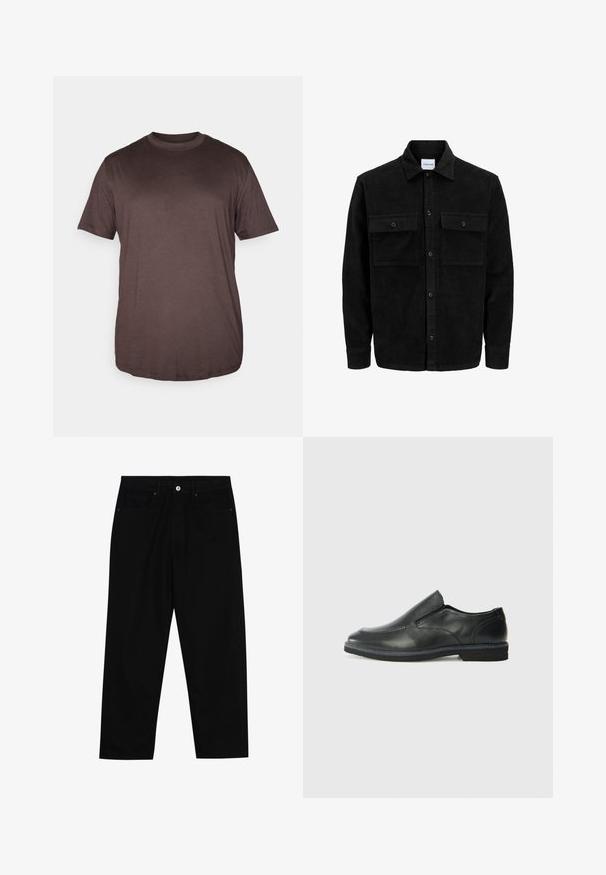 Black corduroy button-up jacket with two front flap pockets and a classic collar, long sleeves, and ribbed texture.; Jack & Jones JJEBRADLEY NOOS - Basic T-shirt - mulch; Black denim pants featuring a straight-leg cut, five-pocket design, and a front button closure. Smooth texture with minimal stitching details.; Black leather slip-on shoe with a smooth upper, stitched accents, rounded toe, and a low rubber heel. Sole features minimal tread.