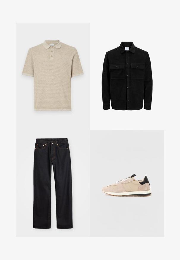 Črna kordurojska jakna z gumbi, z dvema sprednjima žepoma z zavihkom in klasičnim ovratnikom, dolgimi rokavi ter rebrasto teksturo.; Bež majica polo, kratki rukavi, teksturirana pletenina, placket s tri gumba, klasičan ovratnik, suptilni uzorak, opušteni kroj.; Moške črne kavbojke ravnega kroja z petimi žepi in oranžnim šivanjem, z gumbom in zadrgo na sprednjem pasu.; Bež nubuk teniske z mrežastimi paneli, bele vezalke in črno akcentirano peto. Debel bel podplat z črnim trakom dodaja kontrast.