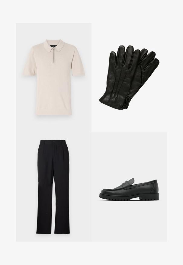 Schwarze Corduroy-Button-Up-Jacke mit zwei frontalem Klappentaschen und klassischem Kragen, langen Ärmeln und gerippter Textur.; Kurzarm-Polohemd in hellem Beige mit Reißverschlusskragen, weichem Stofftextur und klassischem Kragen Design.; Only & Sons ONSJEREMY LOOSE PANT - Stoffhose - black; Schwarze Lederloafer mit runder Zehenform, ausgestattet mit einem gesteppten Design, niedrigem Plattformsohle und einer strukturierten, genoppten Gummisohle.; Schwarze Lederhandschuhe mit glatter Textur, fünf Fingern und dezenten Nähdetails. Klassisches Design, geeignet für den Einsatz bei kaltem Wetter.