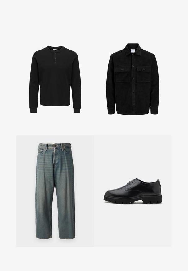 Melnas kordūru pogu jaka ar divām priekšējām atloka kabatām un klasisku apkakli, garām piedurknēm un ribotu tekstūru.; Melna garām piedurknēm henley krekls, izgatavots no teksturēta auduma, ar trim pogām, apaļu kaklu un pieguļoši aproces.; Gaiši zili džinsi ar brīvu piegriezumu, vidējo jostas augstumu un taisnām kājām. Satur piecas kabatas, jostas cilpas un pogu aizdari.; Melnas ādas kurpes ar gludu virsmu, šņoru dizainu un biezām, robustām gumijas zolēm ar dziļiem protektoriem, lai nodrošinātu saķeri.