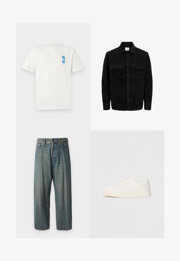 Čierna kordúrová bunda s gombíkmi, dvoma prednými vreckami so záklopkou a klasickým golierom, dlhými rukávmi a ryhovanou textúrou.; Biela bavlnená tričko s krátkymi rukávmi. Má modrý grafický dizajn na ľavej strane hrudníka, text pod ním a klasický okrúhly výstrih.; Svetlomodré denimové nohavice so voľným strihom, stredne vysokým pásom a rovnými nohavicami. Obsahujú päť vreciek, pútka na opasok a zapínanie na gombík.; Biele slip-on tenisky s textúrovaným povrchom, hrubou podrážkou a minimalistickým dizajnom. Obsahuje logo značky na boku.