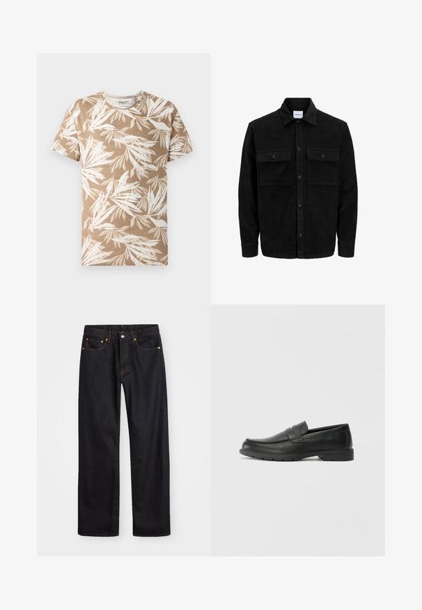 Juodas velveto mygtukų švarkas su dviem priekiniais kišenėmis su atvartais, klasikiniu apykakle, ilgomis rankovėmis ir raukšlėtu paviršiumi.; Šviesiai rudos spalvos trumpomis rankovėmis marškinėliai su baltais lapų raštais. Minkšta medžiaga, apvalus kaklas ir laisvas kirpimas.; Vyrų tiesaus kirpimo juodi džinsai iš denim medžiagos, su penkiomis kišenėmis ir oranžinėmis siūlėmis, su mygtuko ir užtrauktuko uždarymu ant priekio.; Juodai odiniai loaferiai su sklandžiu paviršiumi, mokasino stiliaus viršus, siuvinėjimu ir guminėmis padangomis. Klasikinis dizainas su žemu kulnu.
