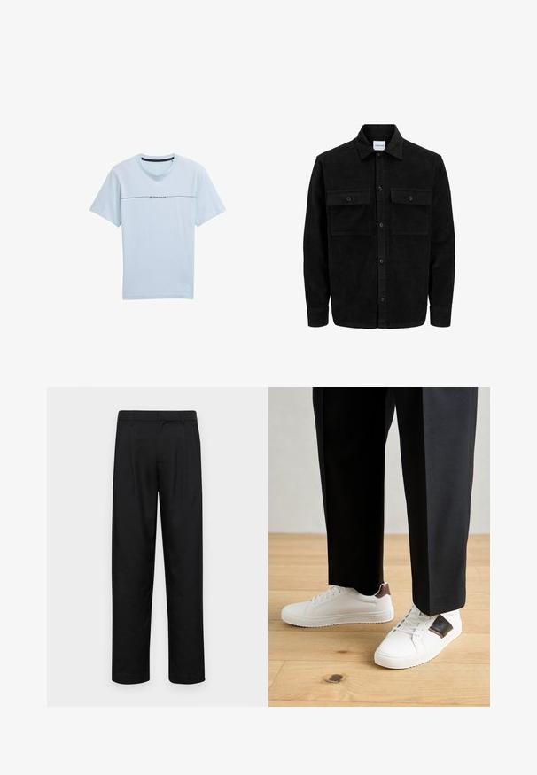 Črna kordurojska jakna z gumbi, z dvema sprednjima žepoma z zavihkom in klasičnim ovratnikom, dolgimi rokavi ter rebrasto teksturo.; Svetlo modra majica s kratkimi rokavi iz gladkega materiala, ki ima vodoravno mornarsko-modro logotipno črto čez prsi z napisom "TOM TAILOR".; Črne hlače iz gladkega materiala, s krojem ravne noge, dvema sprednjima pregiboma in standardnim pasom z zankami za pas.; Beli športni copati z gladko teksturo, okrašeni z rjavimi usnjenimi detajli in črnimi poudarki, v kombinaciji s črnimi krojenimi hlačami. Ozadje iz lesenih tal.