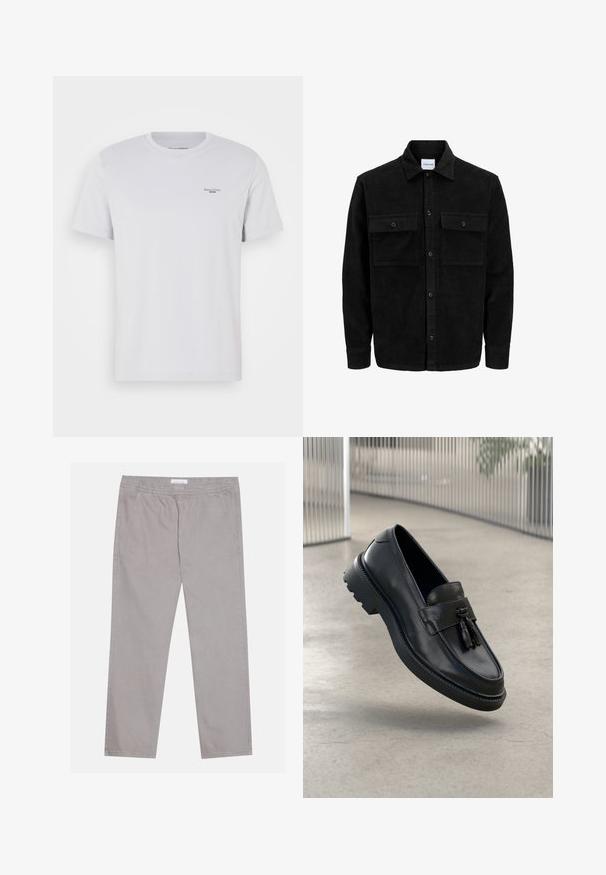 Sort fløjl button-up jakke med to frontlommer og klassisk krave, lange ærmer og ribbet tekstur.; Hvid bomulds T-shirt med rund hals, korte ærmer og et lille sort logo på venstre bryst. Glat tekstur og standard pasform.; Lys grå bomuldsbukser med elastisk talje, to sidelommer, lige ben design og en glat tekstur. Enkel syning detalje.; Sorte læderloafer med glat finish, dekorativ kvast, tyk gummisål og syede detaljer. Let og elegant design.