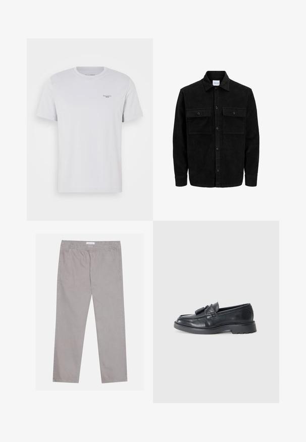 Sort fløjl button-up jakke med to frontlommer og klassisk krave, lange ærmer og ribbet tekstur.; Hvid bomulds T-shirt med rund hals, korte ærmer og et lille sort logo på venstre bryst. Glat tekstur og standard pasform.; Lys grå bomuldsbukser med elastisk talje, to sidelommer, lige ben design og en glat tekstur. Enkel syning detalje.; Sorte læder loafers med rund tå, en rem med kvaster og en kraftig sål med mønster. Glat tekstur og klassisk design.