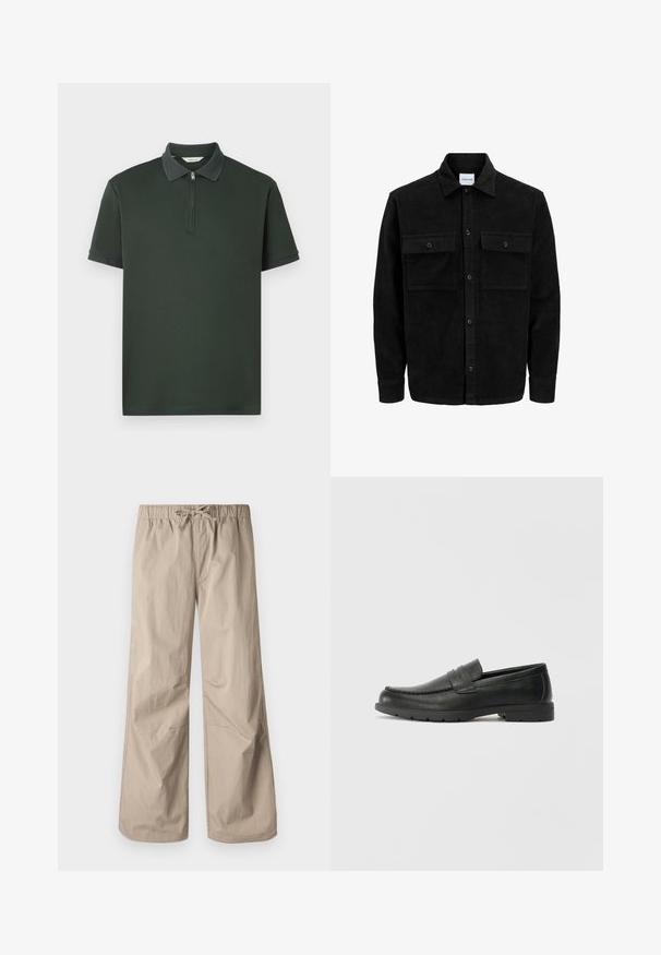 Čierna kordúrová bunda s gombíkmi, dvoma prednými vreckami so záklopkou a klasickým golierom, dlhými rukávmi a ryhovanou textúrou.; Tmavozelená polo košeľa s krátkymi rukávmi, zipsovým golierom a kontrastným textúrovaným lemom goliera. Vyrobená z hladkej tkaniny s minimalistickým dizajnom.; Béžové široké nohavice s elastickým pásom a šnúrkou. Hladký povrch, dve bočné vrecká a minimálne švy pre uvoľnený strih.; Čierne kožené mokasíny s hladkým povrchom, vrchnou časťou v štýle mokasín, prešitým detailom a gumovou podrážkou. Klasický dizajn s nízkym podpätkom.