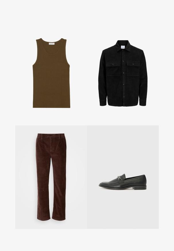 Black corduroy button-up jacket with two front flap pockets and a classic collar, long sleeves, and ribbed texture.; Ribbed tank top in dark olive green, featuring a round neckline and sleeveless design, with finished edges and soft texture.; Brown corduroy trousers with a straight cut, featuring side pockets, vertical ribbed texture, and a classic waistband.; Black leather loafer with a smooth finish, featuring a stitched design and a decorative metal chain accent across the vamp. Flat heel.