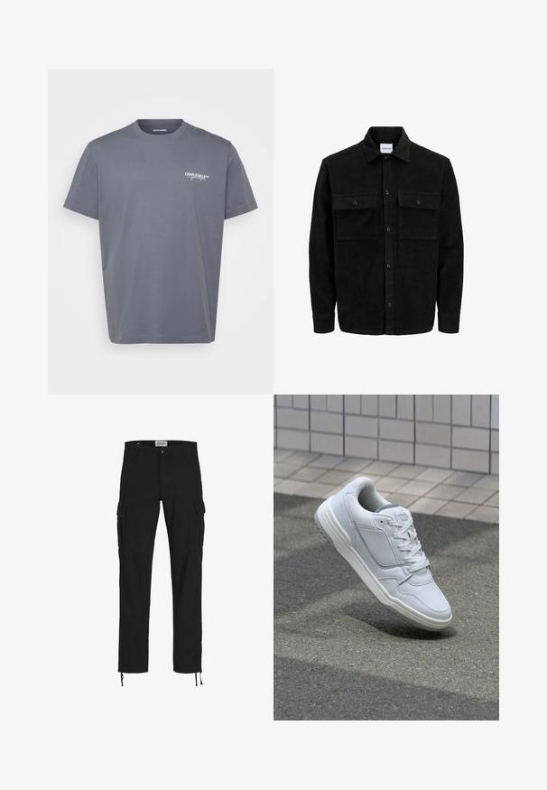 Schwarze Corduroy-Button-Up-Jacke mit zwei frontalem Klappentaschen und klassischem Kragen, langen Ärmeln und gerippter Textur.; Grauer Baumwoll-T-Shirt mit kurzen Ärmeln, rundem Halsausschnitt und kleinem weißen "ORIGINALS"-Logo auf der linken Brust. Glatte Textur, klassischer Schnitt.; Schwarze Cargo-Hosen mit geradem Schnitt, ausgestattet mit Seitentaschen, einem Knopfverschluss und elastischen Zugbändern an den Knöcheln. Hergestellt aus strapazierfähigem Stoff.; Weiße Ledersneaker mit perforierten Seiten, strukturierten Akzenten, flachen Schnürsenkeln und einer kontrastierenden grauen Ferse. Verfügt über eine leicht erhöhte Sohle.