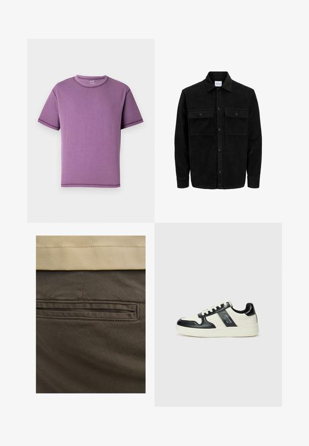 Czarna kurtka z korduru z guzikami, z dwoma przednimi kieszeniami na klapki oraz klasycznym kołnierzem, długimi rękawami i ryżowym splotem.; Fioletowa koszulka z krótkim rękawem, wykonana z miękkiej bawełny, z okrągłym dekoltem i kontrastowym przeszyciem wzdłuż szwów.; Brązowe bawełniane spodnie z widoczną tylną kieszenią, podkreślone subtelnymi przeszyciami i gładką teksturą. Pas ma kontrastowy beżowy kolor.; Skórzane sneakersy w czarno-kremowym schemacie kolorystycznym, z perforowanymi akcentami, wyściełanym kołnierzem i teksturowaną podeszwą.
