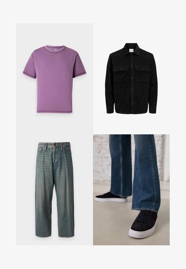 Black corduroy button-up jacket with two front flap pockets and a classic collar, long sleeves, and ribbed texture.; Purple short-sleeve T-shirt made of soft cotton, featuring a round neckline and contrasting stitching along the seams.; Light blue denim jeans with a loose fit, mid-rise waist, and straight legs. Features five pockets, belt loops, and a button closure.; Dark blue suede sneakers with a white rubber sole and laces, paired with wide-leg denim jeans in a medium blue wash.