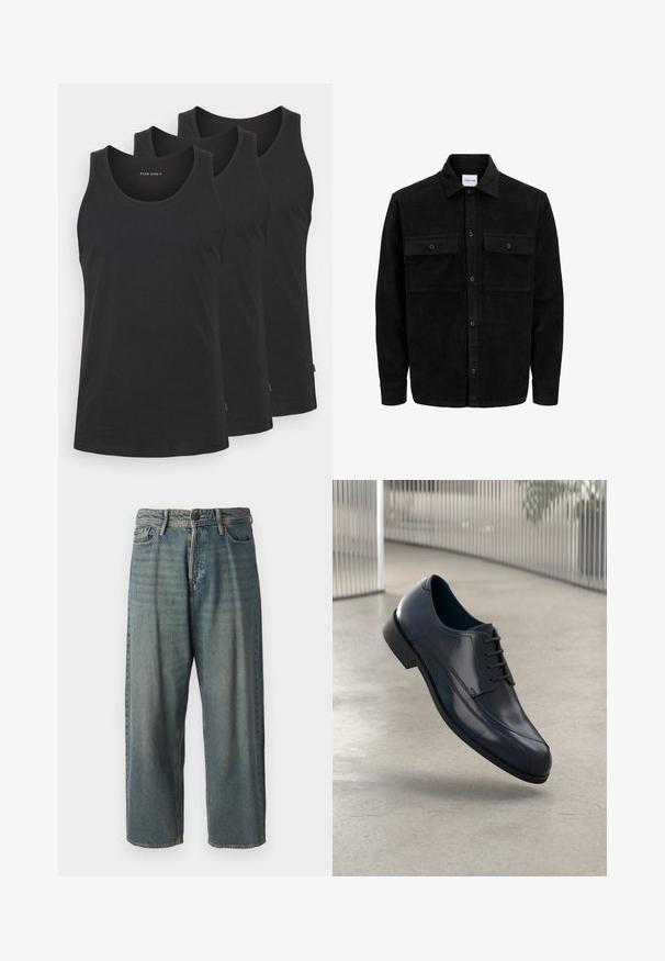 Mustat corduroy-nappi takki, jossa on kaksi etupistotaskua ja klassinen kaulus, pitkät hihat ja ribattu pinta.; Mustat puuvillapaita-setti, johon kuuluu kolme kappaletta. Ominaisuuksia ovat pyöreä kaula-aukko, hihaton muotoilu ja suora helma. Sujuva pintakuvio, minimaalinen brändäys.; Vaaleansiniset farkut, joissa on väljä istuvuus, keskikorkea vyötärö ja suorat lahkeet. Ominaisuuksiin kuuluvat viisi taskua, vyölenkit ja nappisulku.; Kiiltävä musta nahkakengät nauhoilla, leijuu tasaisella vaaleanharmaalla lattialla ja taustalla on pystysuorat metalliputket.