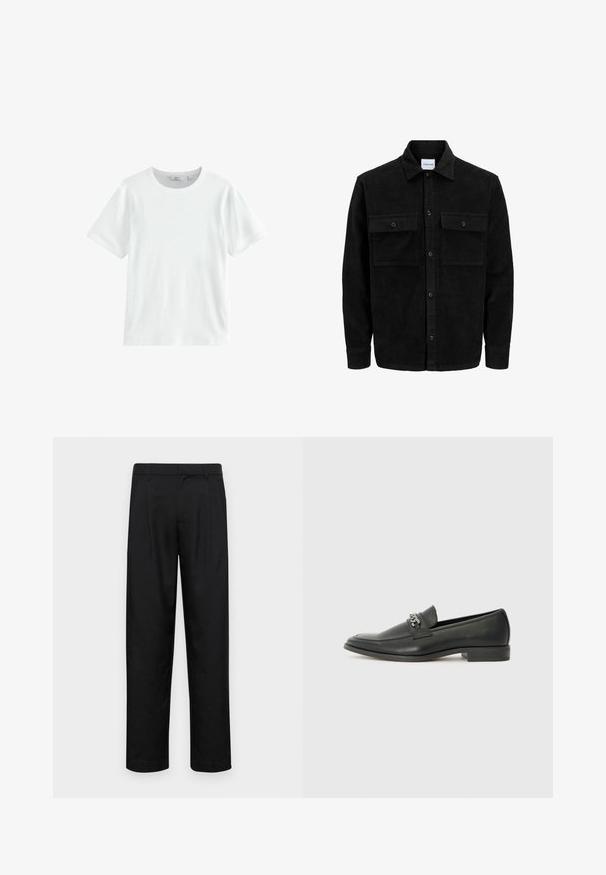 Čierna kordúrová bunda s gombíkmi, dvoma prednými vreckami so záklopkou a klasickým golierom, dlhými rukávmi a ryhovanou textúrou.; Biela bavlnená tričko s krátkymi rukávmi, okrúhlym výstrihom a rebrovanou textúrou. Jednoduchý dizajn, vhodné na voľnočasové nosenie. Žiadne viditeľné vzory ani akcenty.; Čierne nohavice vyrobené z hladkej tkaniny, s rovnými nohavicami, dvoma prednými skladmi a štandardným pásom s pútkami na opasok.; Čierne kožené loafers s hladkým povrchom, s prešitým dizajnom a dekoratívnym kovovým reťazovým akcentom cez priehlavok. Plochý podpätok.