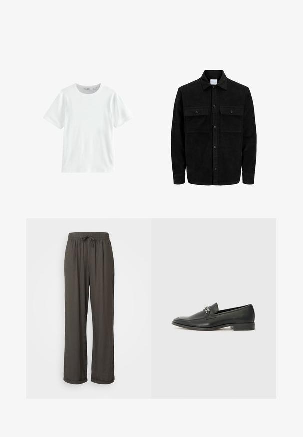 Juodas velveto mygtukų švarkas su dviem priekiniais kišenėmis su atvartais, klasikiniu apykakle, ilgomis rankovėmis ir raukšlėtu paviršiumi.; Balti medvilninė marškinėliai trumpomis rankovėmis, su apvalia iškirpte ir rausviu audiniu. Paprastas dizainas, tinkantis kasdieniam dėvėjimui. Nėra matomų raštų ar akcentų.; Tamsiai pilkos plačios kelnės su virvute liemenyje, pagamintos iš minkštos, tekstūrinės medžiagos, su apsuktomis kraštinėmis ties kulkšnimis.; Juodos odinės loafer tipo bateliai su lygiu paviršiumi, turintys siuvinėtą dizainą ir dekoratyvų metalo grandinėlės akcentą ant batų viršaus. Plokščias kulnas.