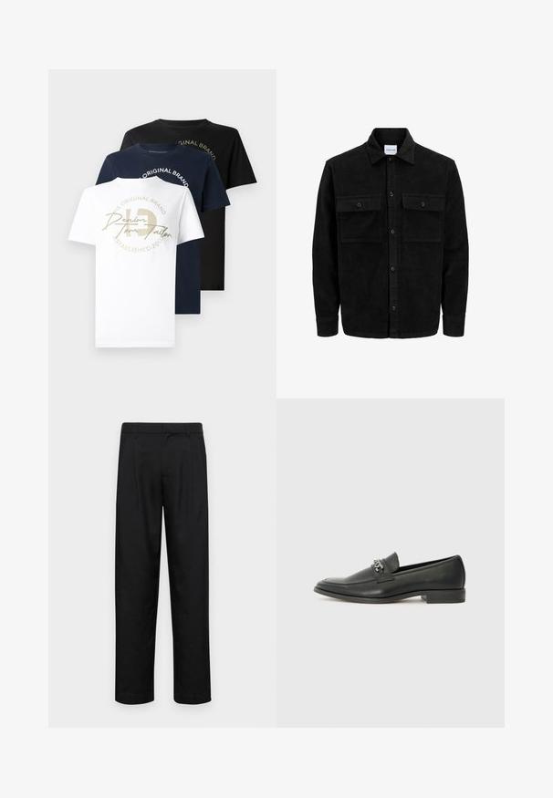 Juodas velveto mygtukų švarkas su dviem priekiniais kišenėmis su atvartais, klasikiniu apykakle, ilgomis rankovėmis ir raukšlėtu paviršiumi.; Trys apvalios iškirptės t-shirts balta, tamsiai mėlyna ir juoda spalvų, su auksiniu grafiniu logotipu ant baltos marškinėlių ir tekstu apvalioje kompozicijoje.; Juodi kelnių modeliai, pagaminti iš lygios medžiagos, turi tiesią kojas, du priekiniai klostės ir standartinę juosmenį su diržo kilpomis.; Juodos odinės loafer tipo bateliai su lygiu paviršiumi, turintys siuvinėtą dizainą ir dekoratyvų metalo grandinėlės akcentą ant batų viršaus. Plokščias kulnas.
