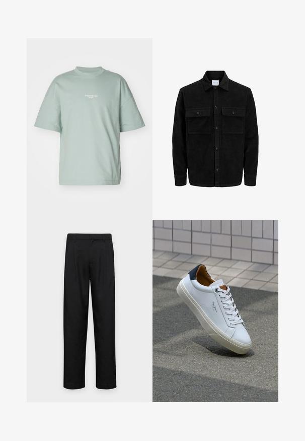 Schwarze Corduroy-Button-Up-Jacke mit zwei frontalem Klappentaschen und klassischem Kragen, langen Ärmeln und gerippter Textur.; Hellgrünes, übergroßes T-Shirt aus weichem Baumwollmaterial mit kurzen Ärmeln und rundem Halsausschnitt. Auf der Vorderseite ist "ORIGINALS est. 1990" in Weiß aufgedruckt.; Schwarze Hose aus glattem Stoff, mit geradem Bein Design, zwei vorderen Falten und einem Standardbund mit Gürtelschlaufen.; Weiße Ledersneaker mit navyfarbenem Fersenbereich, runder Zehenpartie und kontrastierenden braunen Akzenten. Verfügt über flache Schnürsenkel und eine strukturierte Gummisohle.