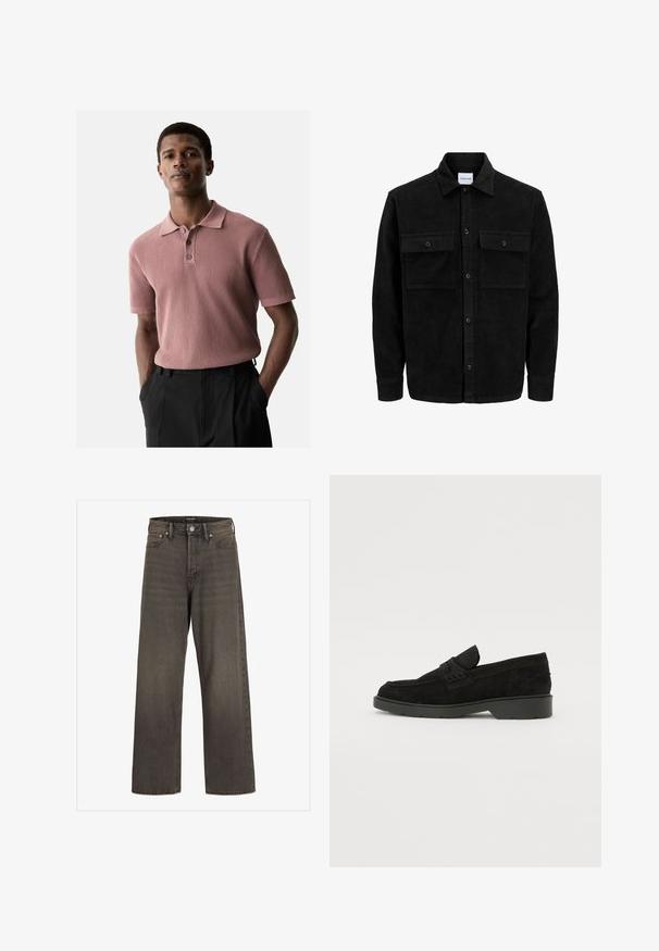 Juodas velveto mygtukų švarkas su dviem priekiniais kišenėmis su atvartais, klasikiniu apykakle, ilgomis rankovėmis ir raukšlėtu paviršiumi.; Ribota, trumpomis rankovėmis polo marškiniai neryškiai rožinės spalvos, su apykakle ir trimis mygtukais. Dėvimi su tamsiais kelnėmis, rankos kišenėse.; Plati kojinės džinsai tamsiai pilkos spalvos džinsinio audinio, su aukštu liemeniu, klasikinio penkių kišenių dizainu ir kontrastinga siuvimo linija siūlėse.; Juodos suedes loafers su žemu kulnu, su paprasta juosta viršuje ir tekstūruota apdaila šonuose.