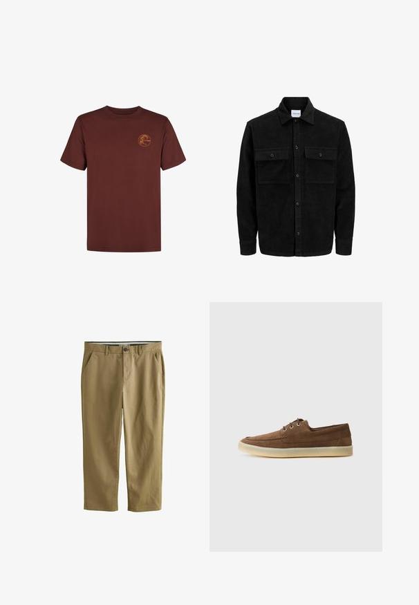 Black corduroy button-up jacket with two front flap pockets and a classic collar, long sleeves, and ribbed texture.; Brown cotton t-shirt with short sleeves and a round neck, featuring a small orange logo on the left side. Smooth texture and classic fit.; Khaki chinos made of cotton blend, featuring two side pockets, a button closure, straight legs, and a smooth texture.; Brown suede shoes with a low profile, laced design, rubber sole, and contrasting stitching details. Simple and functional style.