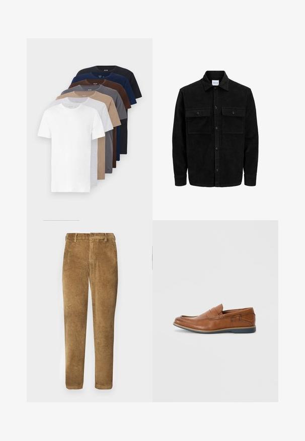 Černá kordurová košile s knoflíky, dvěma předními klopovými kapsami a klasickým límcem, dlouhými rukávy a vroubkovanou texturou.; Osm krátkých bavlněných triček s krátkým rukávem v různých barvách: bílé, šedé, béžové, hnědé, námořnické a černé; klasický kulatý výstřih a měkká textura.; Hnědé kordové kalhoty s vertikálním žebrovaným vzorem, rovný střih, zapínání na knoflíky a poutka na opasek. Hladká látka s jemným povrchem.; Hnědé kožené mokasíny s kulatou špičkou, prošívanými detaily a nízkou gumovou podrážkou. Design zahrnuje pásek přes vrch.
