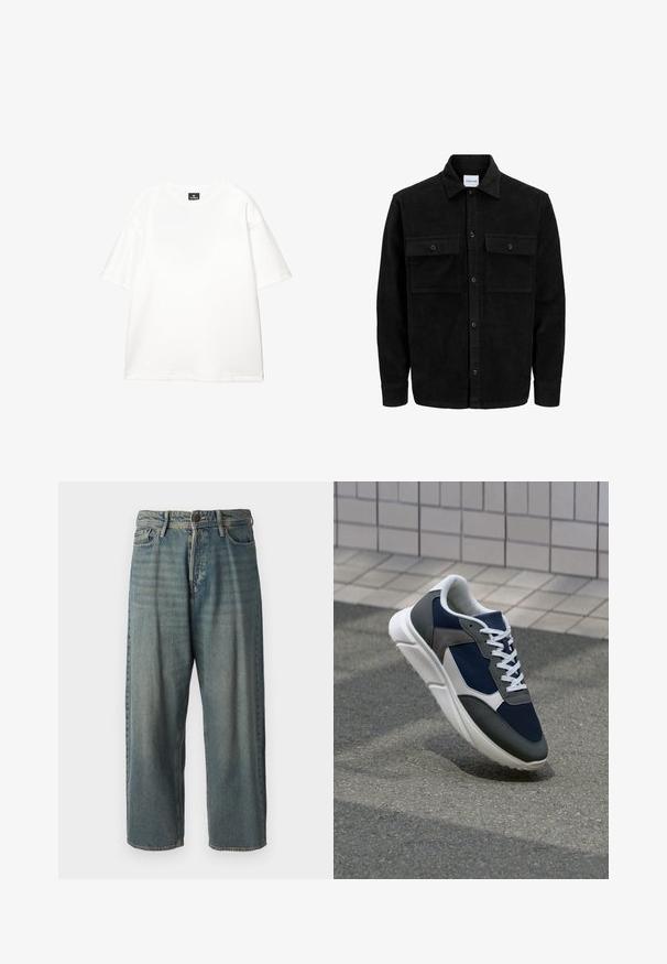 Czarna kurtka z korduru z guzikami, z dwoma przednimi kieszeniami na klapki oraz klasycznym kołnierzem, długimi rękawami i ryżowym splotem.; Biała bawełniana koszulka z okrągłym dekoltem, krótkimi rękawami, luźnym krojem i minimalnymi detalami szwów. Gładka tekstura i prosty design.; Jasnoniebieskie dżinsy o luźnym kroju, średnim stanie i prostych nogawkach. Posiadają pięć kieszeni, szlufki na pasek oraz zapięcie na guzik.; Sneakers z granatową siateczkową cholewką, szarymi zamszowymi akcentami, białą gumową podeszwą i płaskimi białymi sznurówkami, zaprojektowane z myślą o komforcie i wentylacji.