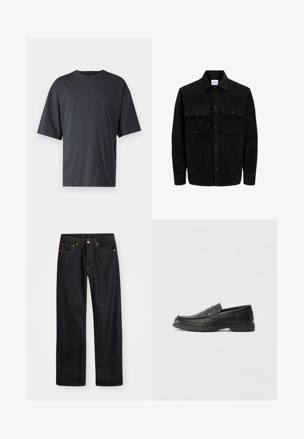 Giacca in corduroy nera con bottoni, due tasche anteriori con patta, colletto classico, maniche lunghe e texture a coste.; T-shirt corto a maniche corte di colore grigio scuro realizzato in cotone leggero, con vestibilità ampia e colletto girocollo classico, caratterizzato da una texture liscia e senza motivi.; Jeans neri in denim dritto da uomo con cinque tasche e cuciture arancioni, chiusura con bottone e zip sulla vita anteriore.; Mocassini neri in pelle con una finitura liscia, parte superiore in stile mocassino, dettagli cuciti e suola in gomma. Design classico con tacco basso.