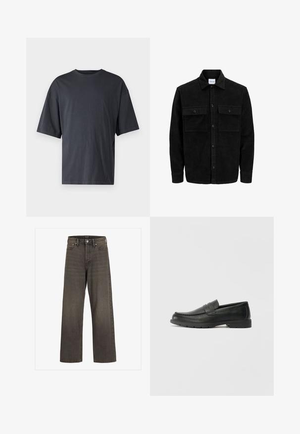 Giacca in corduroy nera con bottoni, due tasche anteriori con patta, colletto classico, maniche lunghe e texture a coste.; T-shirt corto a maniche corte di colore grigio scuro realizzato in cotone leggero, con vestibilità ampia e colletto girocollo classico, caratterizzato da una texture liscia e senza motivi.; Jeans a gamba larga in denim grigio scuro, con vita alta, design classico a cinque tasche e cuciture a contrasto lungo le cuciture.; Mocassini neri in pelle con una finitura liscia, parte superiore in stile mocassino, dettagli cuciti e suola in gomma. Design classico con tacco basso.