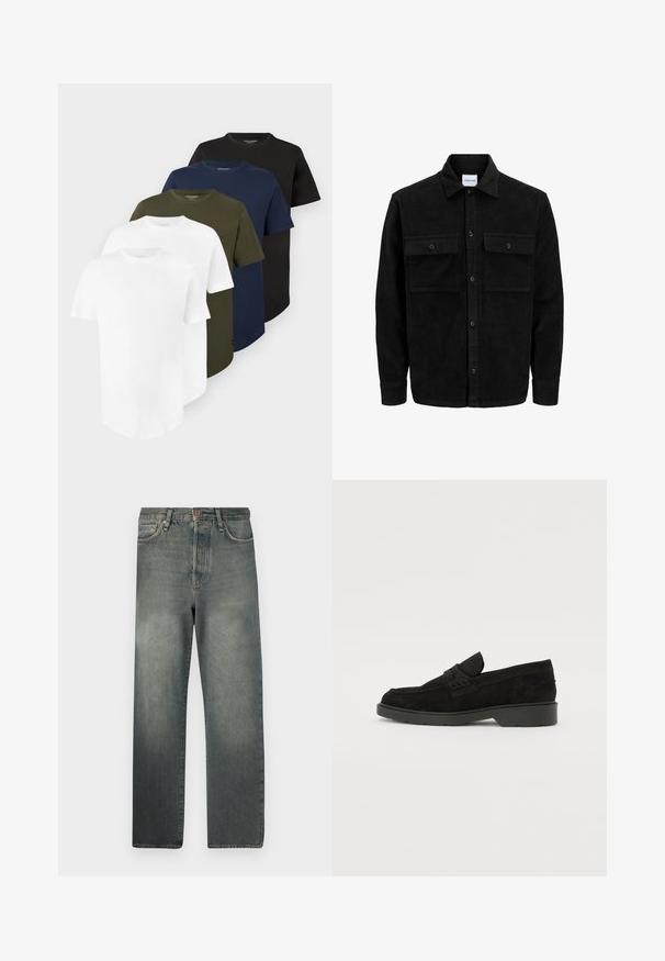 Black corduroy button-up jacket with two front flap pockets and a classic collar, long sleeves, and ribbed texture.; Five plain short-sleeve crewneck t-shirts in white, olive green, navy blue, and black, arranged in a layered stack.; Jack & Jones JJIALEX JJCOOPER - Baggy Jeans - black denim; Black suede loafers with a low heel, featuring a simple band across the upper and textured detailing along the sides.