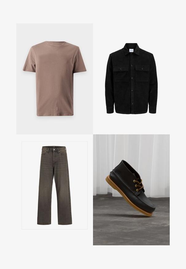 Juodas velveto mygtukų švarkas su dviem priekiniais kišenėmis su atvartais, klasikiniu apykakle, ilgomis rankovėmis ir raukšlėtu paviršiumi.; GAP EVERYDAY SOFT CREW SOLID - Paprasti marškinėliai - plymouth rock; Plati kojinės džinsai tamsiai pilkos spalvos džinsinio audinio, su aukštu liemeniu, klasikinio penkių kišenių dizainu ir kontrastinga siuvimo linija siūlėse.; Juodos odinės avalynės su lygiu paviršiumi, apvalia nosimi, ruda šnarelemis ir šviesiai rudais guminiais padais. Šone yra įspaustas logotipas.