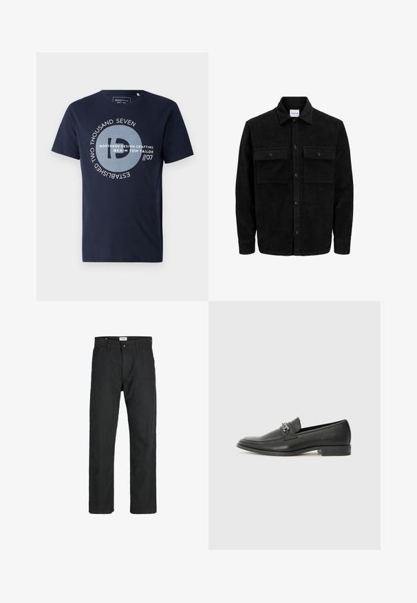 Melnas kordūru pogu jaka ar divām priekšējām atloka kabatām un klasisku apkakli, garām piedurknēm un ribotu tekstūru.; Tums jūras zilas krāsas kokvilnas T-krekls ar īsām piedurknēm, kuram ir apaļa grafiskā dizaina un baltais teksts, tostarp "NORTHERN DESIGN CRAFTING."; Melnas bikses no izturīga auduma, ar taisna griezuma dizainu, izšūtām akcentiem un divām priekšējām kabatām funkcionālitātei.; Melna ādas loafer izmēra apavi ar gludu virsmu, piedāvā ar šūtu dizainu un dekoratīvu metāla ķēdes akcentu pār vampu. Plakana papēža daļa.