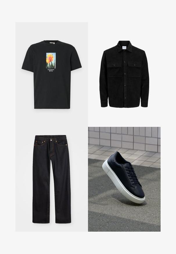 Čierna kordúrová bunda s gombíkmi, dvoma prednými vreckami so záklopkou a klasickým golierom, dlhými rukávmi a ryhovanou textúrou.; Čierne bavlnené tričko s centrálnym kvetinovým grafickým motívom oranžových kvetov so zelenými stonkami, doplnené bielym a modrým textom.; Pánske rovné čierne riflové nohavice s piatimi vreckami a oranžovým prešívaním, s gombíkom a zipsom na prednom páse.; Čierne kožené tenisky s okrúhlou špičkou a bielou gumovou podrážkou. Majú ploché šnúrky a minimálne šitie na vrchu. Textúrovaná podrážka pre lepšiu priľnavosť.