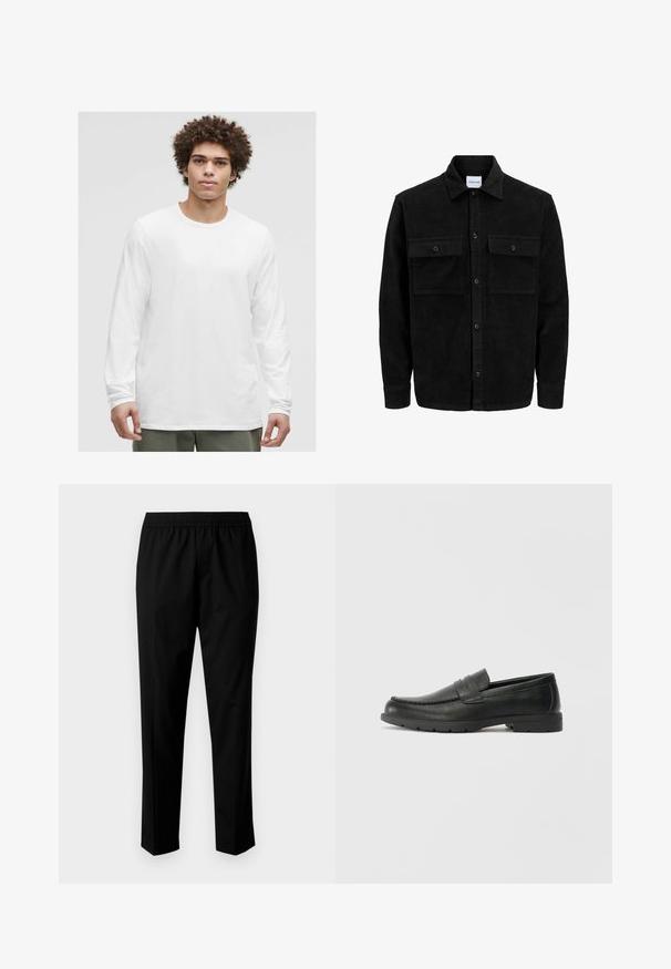Juodas velveto mygtukų švarkas su dviem priekiniais kišenėmis su atvartais, klasikiniu apykakle, ilgomis rankovėmis ir raukšlėtu paviršiumi.; Balta ilgomis rankovėmis marškinėliai su apvalia iškirpte, pagaminti iš minkštos medžiagos, pasižyminčios laisvu krinta ir be matomų logotipų ar raštų.; Juodi kelnės su elastingu juosmeniu, turinčios tiesaus kirpimo dizainą. Audinys atrodo lygus su matinėmis tekstūromis, be matomų raštų.; Juodai odiniai loaferiai su sklandžiu paviršiumi, mokasino stiliaus viršus, siuvinėjimu ir guminėmis padangomis. Klasikinis dizainas su žemu kulnu.