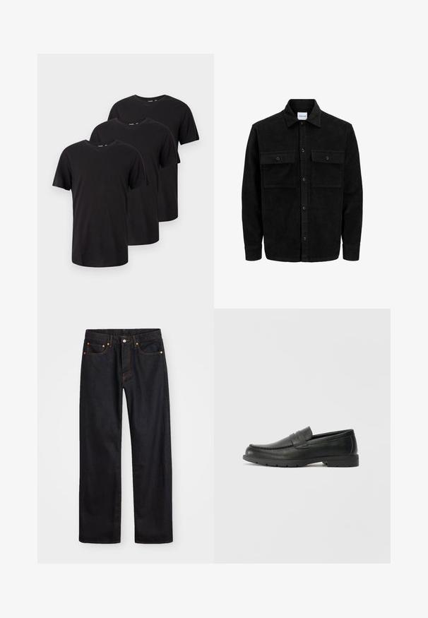 Črna kordurojska jakna z gumbi, z dvema sprednjima žepoma z zavihkom in klasičnim ovratnikom, dolgimi rokavi ter rebrasto teksturo.; Tri enostavne črne t-majice s kratkimi rokavi in okroglim ovratnikom, postavljene v zamaknjenem prekrivnem vrstnem redu na belem ozadju.; Moške črne kavbojke ravnega kroja z petimi žepi in oranžnim šivanjem, z gumbom in zadrgo na sprednjem pasu.; Črne usnjene loafer čevlje z gladko površino, zgornjim delom v slogu mokasin, šivanimi detajli in gumijastim podplatom. Klasična zasnova z nizko peto.