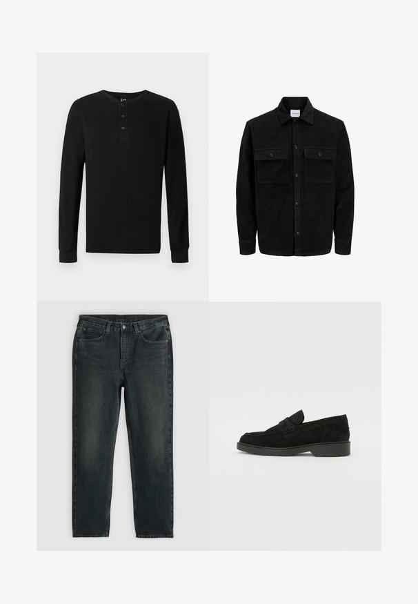 Svart kordfløyels knappjakke med to frontlommer med klaff og klassisk krage, lange ermer og ribbet tekstur.; Svart langermet henley-skjorte med tre-knapps placket ved halsen, myk tekstur og ribbede mansjetter, med en klassisk passform og minimalistisk design.; Mørkeblå denimjeans med rette ben, med fem lommer, glidelås og kontraststing. Subtil fading på stoffet.; Sorte semskede loafers med lav hæl, der har en enkel rem henover toppen og teksturerede detaljer langs siderne.