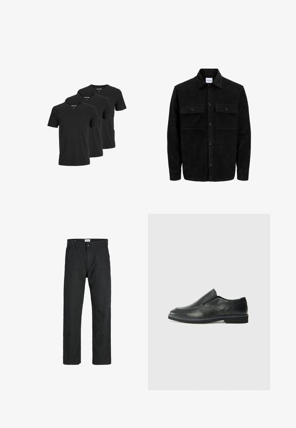 Sort fløjl button-up jakke med to frontlommer og klassisk krave, lange ærmer og ribbet tekstur.; Sorte bomulds V-hals t-shirts med korte ærmer og regular fit, præsenteret i en pakke med tre. Glat tekstur, ingen mønstre eller dekorationer.; Sorte bukser lavet af holdbart stof, med en lige pasform, syede detaljer og to forlommer for funktionalitet.; Sorte læder slip-on sko med en glat overdel, syede detaljer, rund tå og en lav gummihæl. Sålen har minimal profil.