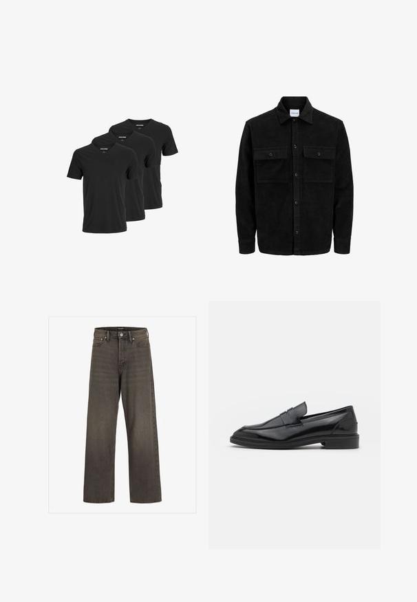 Svart kordfløyels knappjakke med to frontlommer med klaff og klassisk krage, lange ermer og ribbet tekstur.; Sorte bomulls v-hals t-skjorter med korte ermer og vanlig passform, vist i en pakke med tre. Glatt tekstur, ingen mønstre eller aksenter.; Videbukser i mørkegrå denim, med høj talje, klassisk fem-lomme design og kontrasterende syninger langs sømmene.; Sorte skinnloafers med en glatt overflate, med rund tå og en smal band over vristen. Lavt stablet hæl.