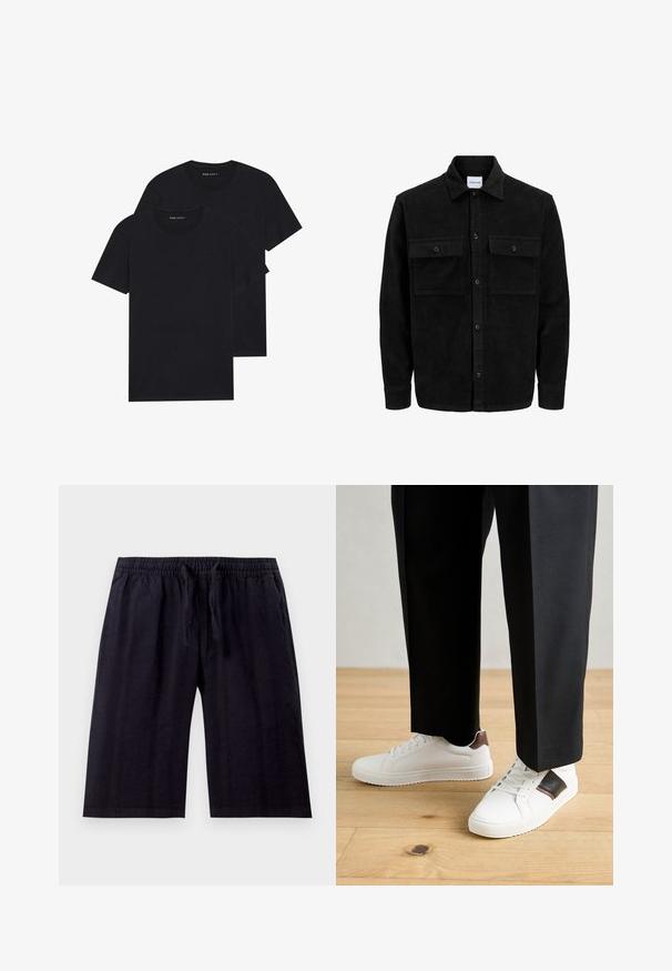 Sort fløjl button-up jakke med to frontlommer og klassisk krave, lange ærmer og ribbet tekstur.; To sorte crew neck t-shirts stablet. Lavet af blødt bomuld, korte ærmer, med et enkelt design uden synlige mønstre eller dekorationer.; Sorte, knælange shorts lavet af letvægtsstof. Har et elastisk taljebånd med snøre og en glat tekstur. Enkel design.; Hvide sneakers med glat tekstur, prydet med brune læderdetaljer og sorte detaljer, sammen med sorte skræddersyede bukser. Baggrund med trægulv.