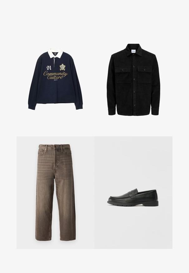Crni kožni kord jakna na dugmad s dva prednja džepa s preklopom i klasičnim ovratnikom, dugim rukavima i rebrastom teksturom.; Mornarska polo majica dugih rukava s bijelim ovratnikom, s zlatnim izvezenim tekstom "Community Culture" i brojem "91", te dekorativnim grbom.; Smeđe traperice širokih nogavica. Imaju patentni zatvarač, petlju za pojas i pet džepova. Tkanina ima izblijeđeni, teksturirani izgled.; Crne kožne mokasine s glatkom površinom, gornji dio u stilu mokasina, ojačani šavovi i gumeni potplat. Klasičan dizajn s niskom petom.
