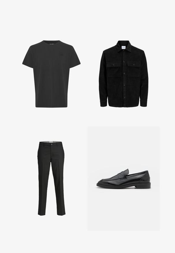 Black corduroy button-up jacket with two front flap pockets and a classic collar, long sleeves, and ribbed texture.; Black, short-sleeve t-shirt in cotton fabric. Features a crew neck and a small logo in the upper left corner, smooth texture.; Black trousers, tailored fit, smooth fabric, mid-rise waist, front button closure, diagonal pockets, and crease detailing down the legs.; Black leather loafers with a smooth finish, featuring a rounded toe and a narrow band across the upper. Low stacked heel.