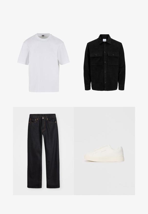 Juodas velveto mygtukų švarkas su dviem priekiniais kišenėmis su atvartais, klasikiniu apykakle, ilgomis rankovėmis ir raukšlėtu paviršiumi.; Balta trumpomis rankovėmis marškinėliai, pagaminti iš medvilnės. Turi apykaklę su iškirpte ir laisvą siluetą. Lygus paviršius, minimalistiškas dizainas, be raštų ar akcentų.; Vyrų tiesaus kirpimo juodi džinsai iš denim medžiagos, su penkiomis kišenėmis ir oranžinėmis siūlėmis, su mygtuko ir užtrauktuko uždarymu ant priekio.; Baltos slip-on sportbačiai su tekstūruota paviršiumi, storesniu padu ir minimalistišku dizainu. Šone matosi prekės ženklo logotipas.