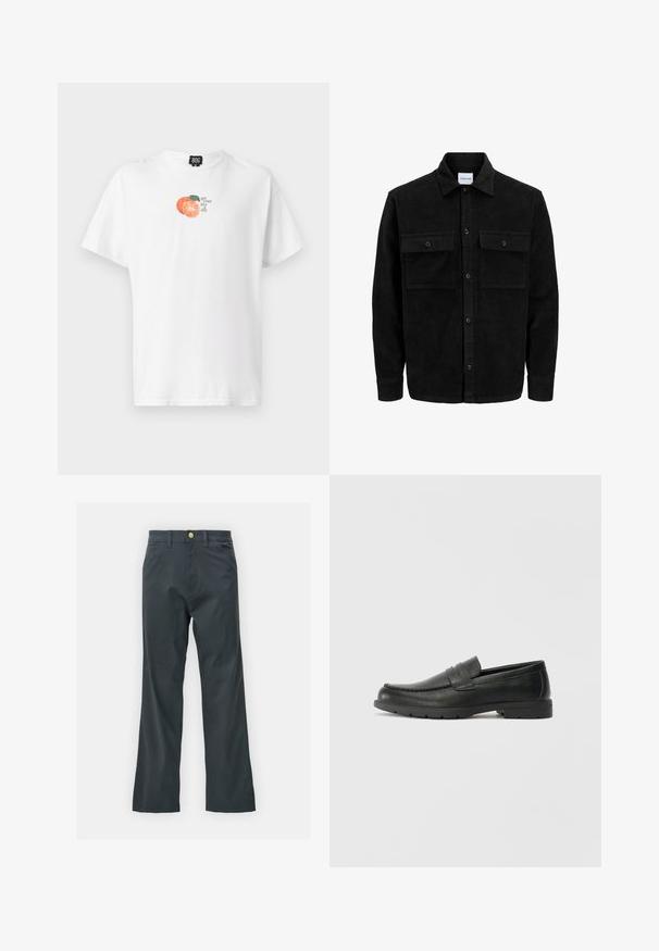 Juodas velveto mygtukų švarkas su dviem priekiniais kišenėmis su atvartais, klasikiniu apykakle, ilgomis rankovėmis ir raukšlėtu paviršiumi.; Balta medvilninė marškinė su oranžinės spalvos grafika ir tekstu „gauk savo penkis per dieną“ žaliais ir juodais rašmenimis. Atsipalaidavęs puoštas dizainas.; Juodos kelnės su tiesiu kirpimu, pagamintos iš medvilnės mišinio. Turi metalinį mygtuką ir šonines kišenes. Be matomų raštų.; Juodai odiniai loaferiai su sklandžiu paviršiumi, mokasino stiliaus viršus, siuvinėjimu ir guminėmis padangomis. Klasikinis dizainas su žemu kulnu.