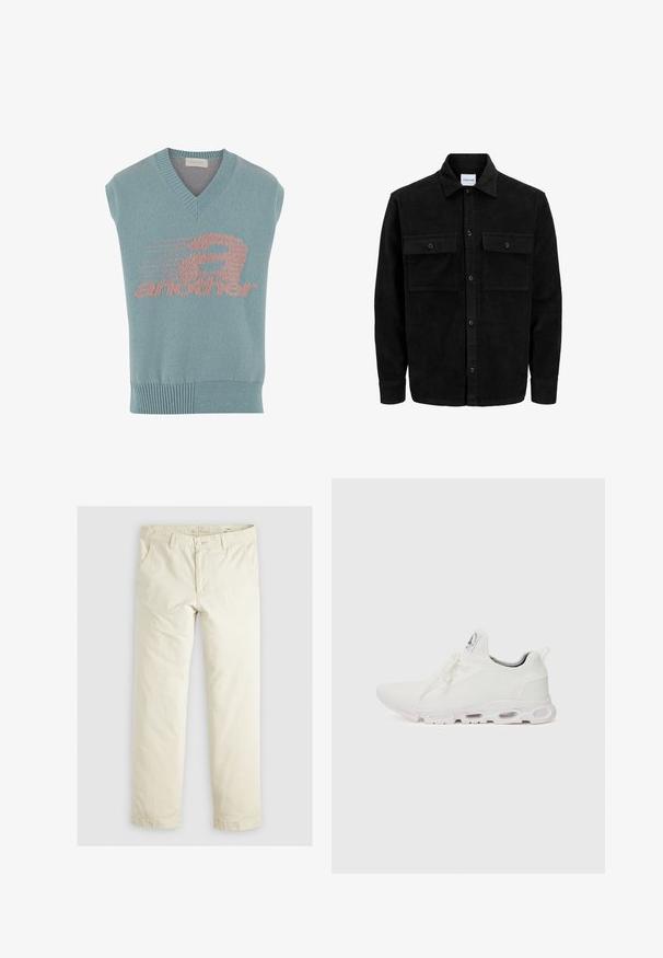 Mustmustöös nupuga jope, millel on kaks eesmist klapiga taskut ja klassikaline kaelus, pikad varrukad ning ribakujuline tekstuur.; Heled sinine ilma varrukateta kudum vest V-kaelusega, millel on roosa graafiline kujundus sõnaga "veel" ja kiirusmotiiv. Ribitud äärega.; Heledadbež püksid, millel on lõtv istuvus, kolm taskut, vöökohad ja sirge lõikega disain. Valmistatud pehmest puuvillasegust materjalist.; Valged sportijalatsid, millel on tekstuuriga kudum peal, lame paelad ja pehmendatud tallad nähtavate õhukambritega täiendava toe jaoks.