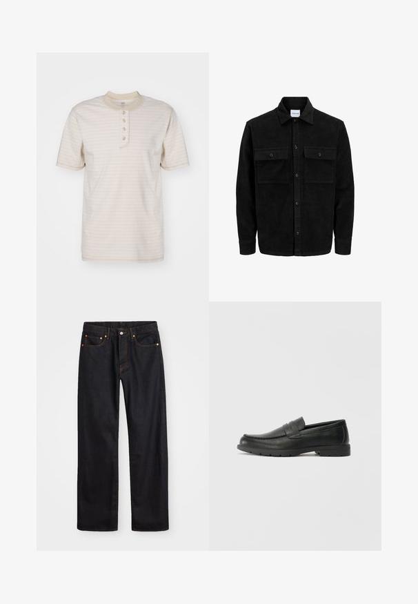Čierna kordúrová bunda s gombíkmi, dvoma prednými vreckami so záklopkou a klasickým golierom, dlhými rukávmi a ryhovanou textúrou.; Krémové pruhované tričko s okrúhlym výstrihom a zapínaním na štyri gombíky, s krátkymi rukávmi, vyrobené z mäkkej tkaniny, so subtílnymi textúrovanými pruhmi.; Pánske rovné čierne riflové nohavice s piatimi vreckami a oranžovým prešívaním, s gombíkom a zipsom na prednom páse.; Čierne kožené mokasíny s hladkým povrchom, vrchnou časťou v štýle mokasín, prešitým detailom a gumovou podrážkou. Klasický dizajn s nízkym podpätkom.