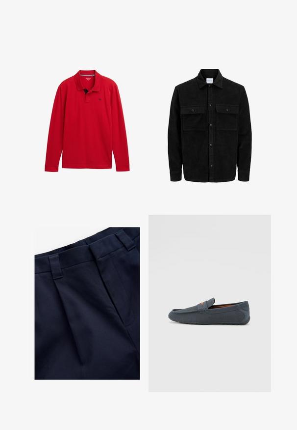 Mustmustöös nupuga jope, millel on kaks eesmist klapiga taskut ja klassikaline kaelus, pikad varrukad ning ribakujuline tekstuur.; Punane pika varrukaga polo särk, millel on kaelus, tumesiniste detailidega ja väike logo rinnal. Valmistatud pehmest puuvillast materjalist.; Tumes plekkpüksid pehme ja tekstuurse kangaga. Omab lame vöökohta ja vöölukke, on loodud mugavuseks ja sobivuseks.; Hallitusestatud perforatsioonidega hallad, millel on libisemisega disain, oranž aktsent, ümardatud varvas ja tekstureeritud kummist välispohjaga.