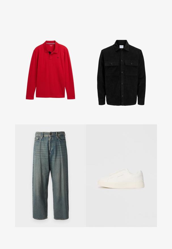 Schwarze Corduroy-Button-Up-Jacke mit zwei frontalem Klappentaschen und klassischem Kragen, langen Ärmeln und gerippter Textur.; Rotes Langarm-Polohemd mit Kragen, das einen marineblauen Akzent und ein kleines Logo auf der Brust hat. Hergestellt aus weichem Baumwollmaterial.; Helle blaue Denim-Jeans mit lockerer Passform, mittelhoher Taille und geraden Beinen. Hat fünf Taschen, Gürtelschlaufen und einen Knopfverschluss.; Weiße Slip-On-Sneaker mit einer strukturierten Oberfläche, dicker Sohle und minimalistischem Design. Mit Logo der Marke an der Seite.