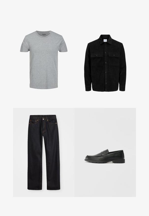 Črna kordurojska jakna z gumbi, z dvema sprednjima žepoma z zavihkom in klasičnim ovratnikom, dolgimi rokavi ter rebrasto teksturo.; Siva kratka majica z dolgimi rokavi, izdelana iz mehkega bombaža. Ima klasičen okrogel izrez in običajen kroj. Preprost dizajn brez vzorcev ali dodatkov.; Moške črne kavbojke ravnega kroja z petimi žepi in oranžnim šivanjem, z gumbom in zadrgo na sprednjem pasu.; Črne usnjene loafer čevlje z gladko površino, zgornjim delom v slogu mokasin, šivanimi detajli in gumijastim podplatom. Klasična zasnova z nizko peto.